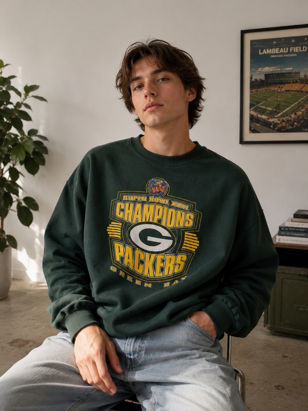Vintage Green Packers Crewneck Champions Yellow Logo